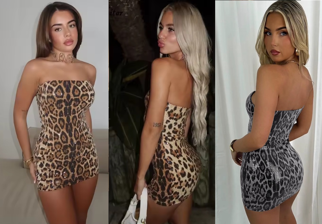 Leopard Print Women's Strapless Backless Sequined Mini Dress